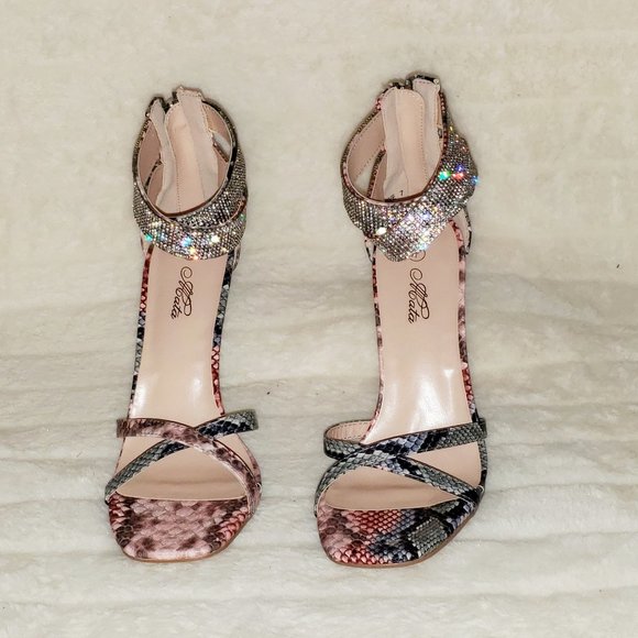 Pink Snake Print Rhinestone Double Ankle Strap Closed Back High Heel Shoes - Picture 2 of 12